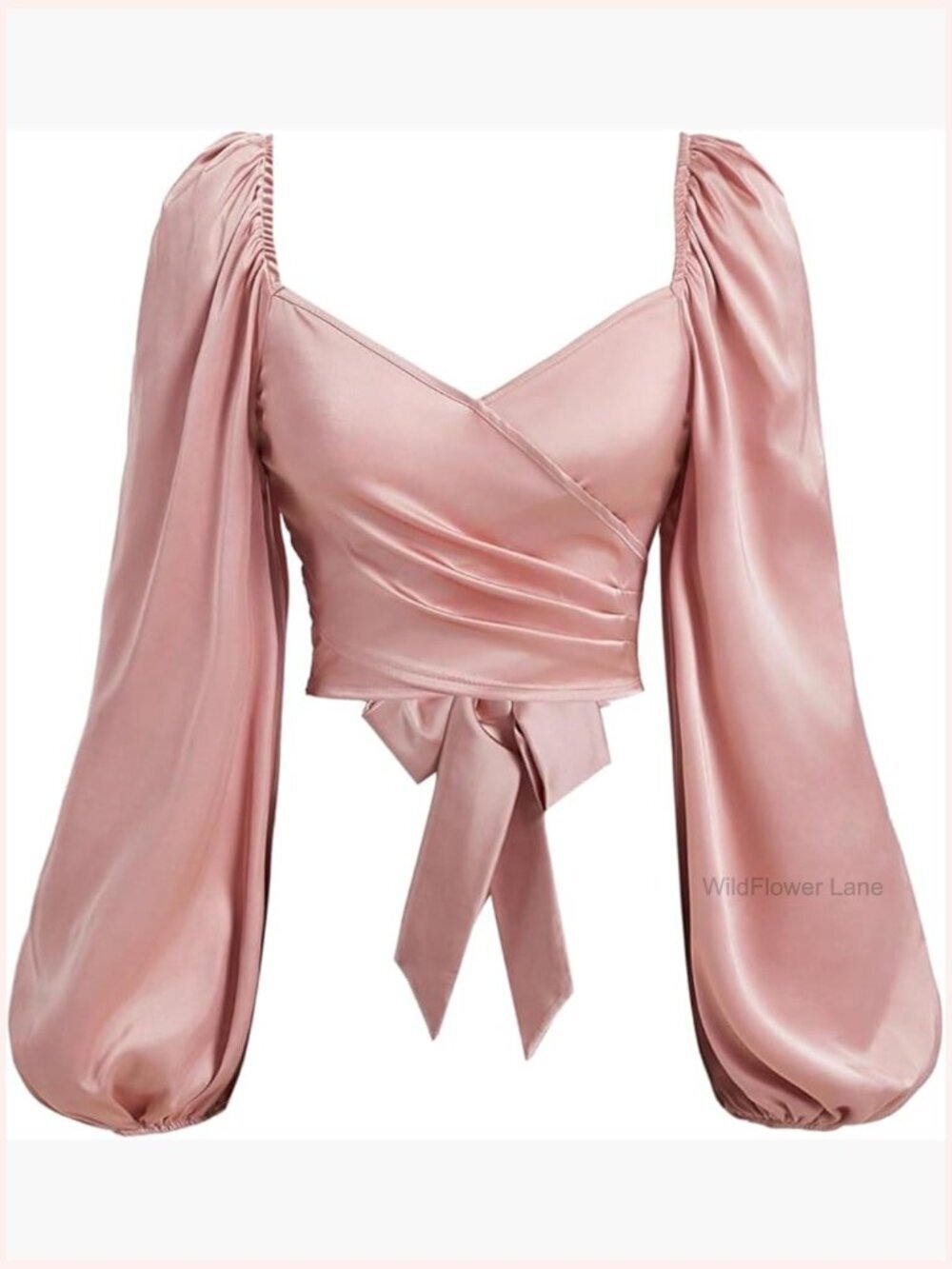 Lantern Long Sleeve Wrap Ruched Blouse Crop Top Sweetheart Neck Bow Tie